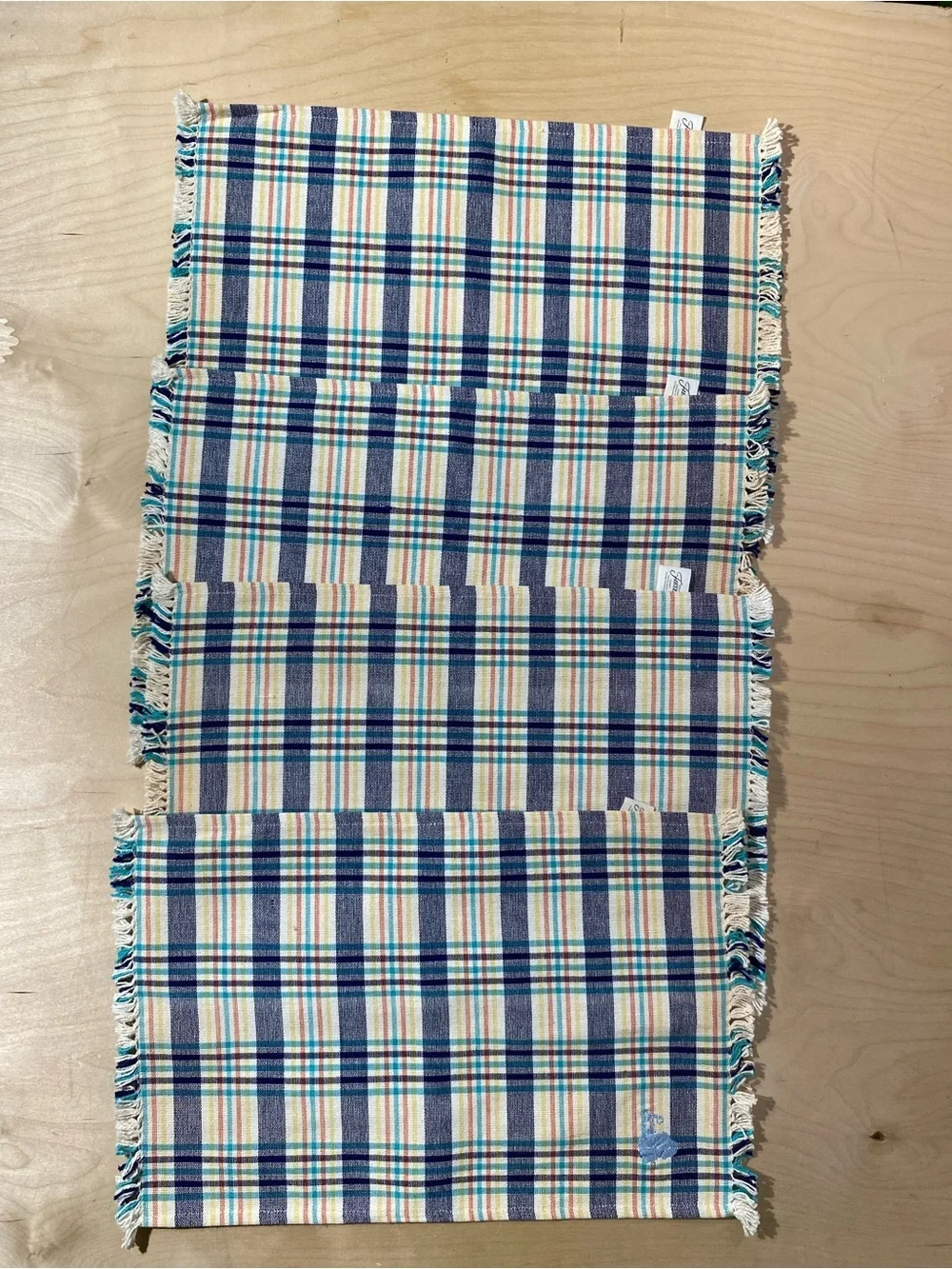 Set of 4 Fiesta Blue & Cream Plaid Placemats with Fringe (RK)